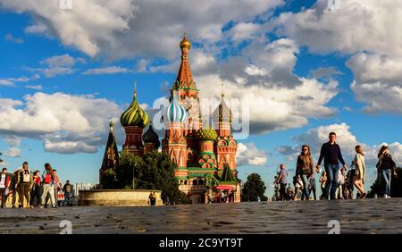 Moscow - July 23, 2020: Old St Basil`s cathedral on Red Square in Moscow, Russia. Ancient Saint Basil`s temple is famous tourist attraction of Moscow. Stock Photo